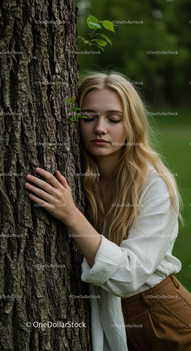 Young Woman Embracing Tree in Green Park