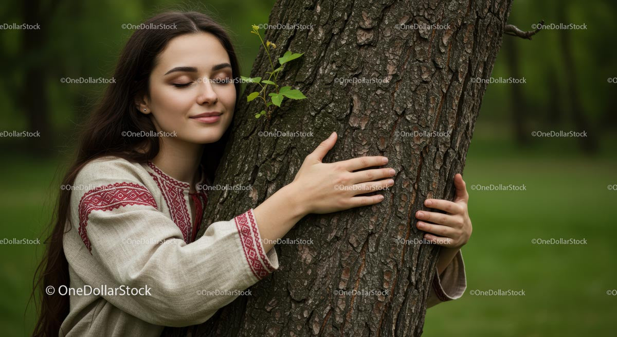 Woman Embracing Nature in Traditional Dress
