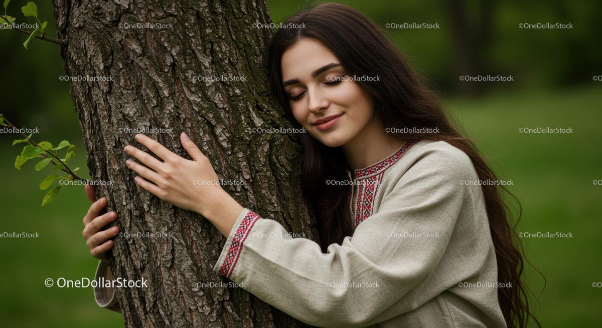 Woman Embracing Tree in Traditional Embroidered Dress
