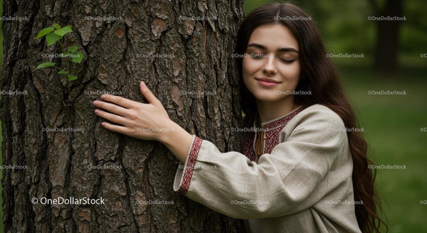 Kobieta Otulająca Naturę w Spokojnym Leśnym Otoczeniu