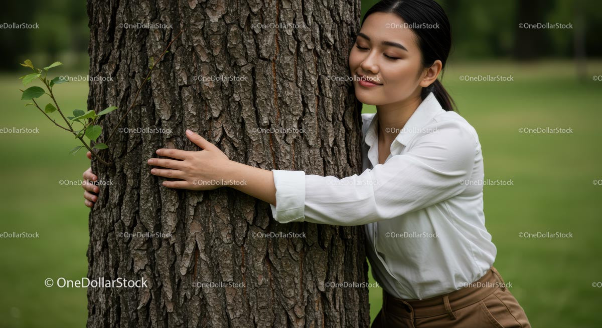 Woman Embracing Tree in Peaceful Green Park