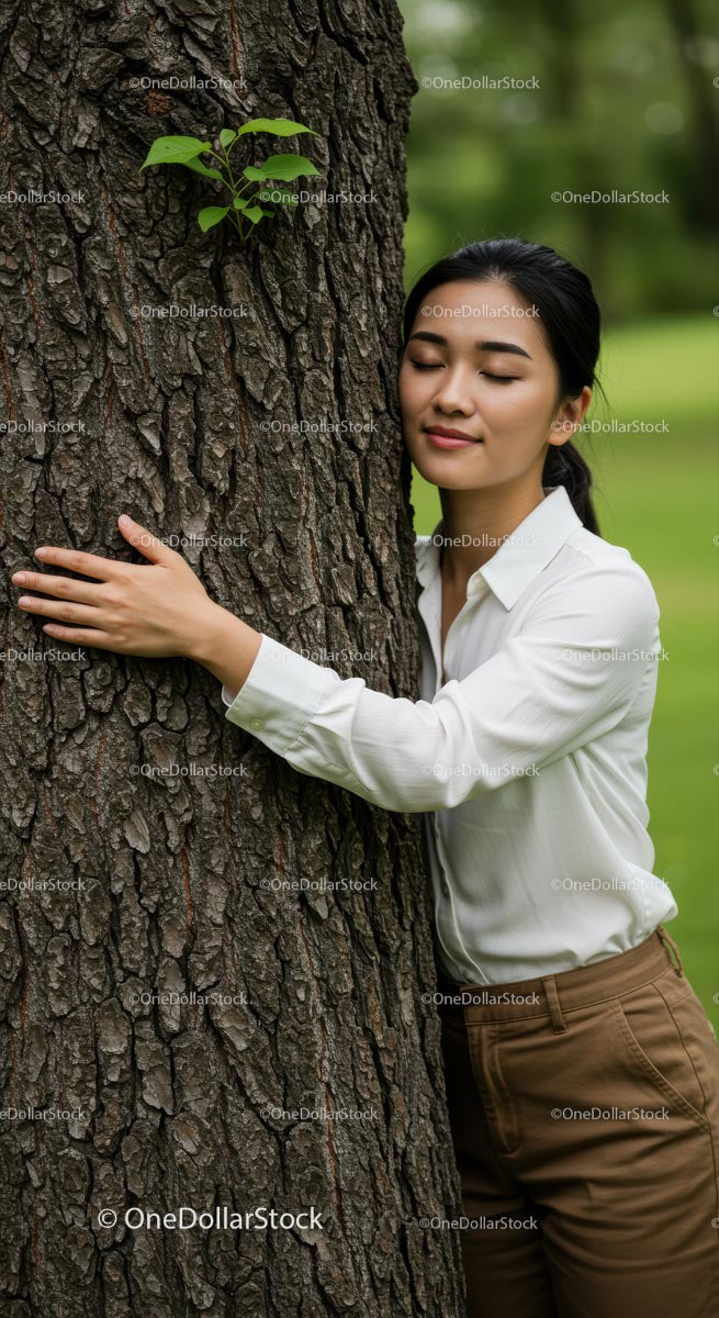 Woman Embracing Nature, Hugging Tree in Green Park