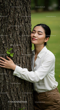 Woman Embracing Tree in Serene Green Landscape