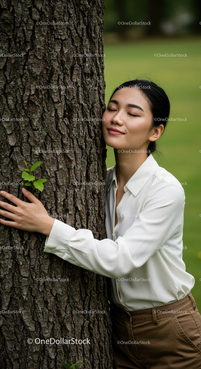 Woman Embracing Tree in Serene Green Landscape
