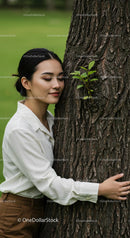 Woman Embracing Tree in Serene Green Park