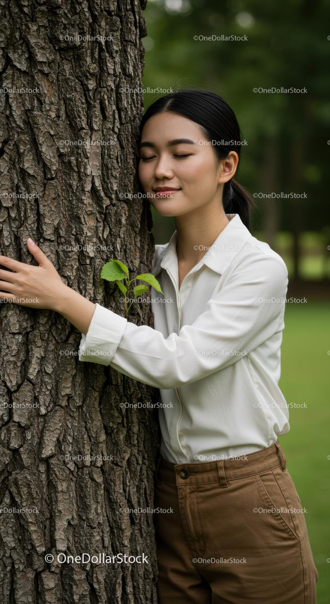 Woman Embracing Tree in Peaceful Green Park