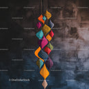 Vibrant Geometric Hanging Sculpture Against Textured Wall