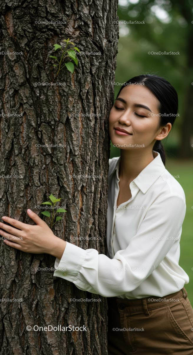 Woman Embracing Tree in Serene Green Park