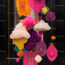 Colorful Textile Art Installation with Hanging Clouds