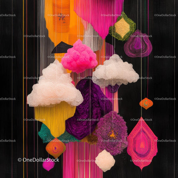 Colorful Textile Art Installation with Hanging Clouds