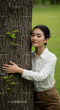 Woman Embracing Tree in Lush Green Park