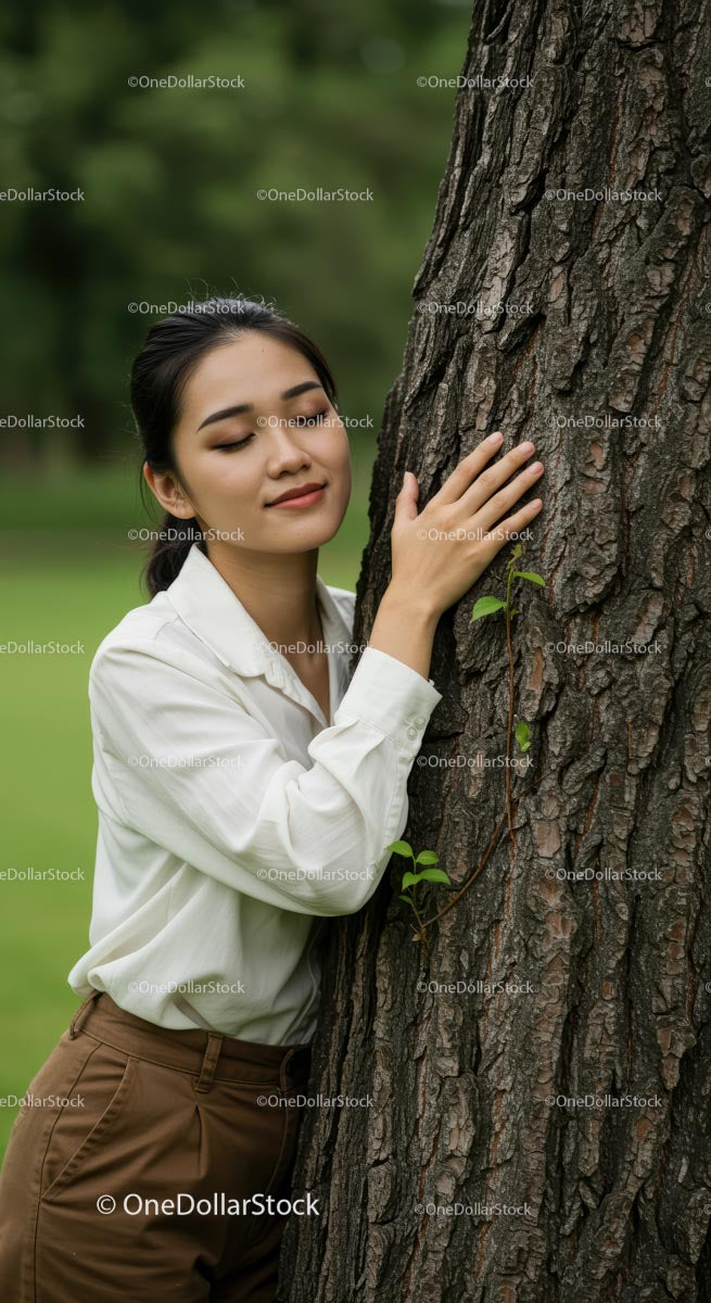 Woman in White Blouse Embracing a Tree in a Serene Forest