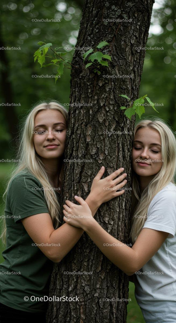 Młode Kobiety Przytulające Drzewo w Zielonym Lesie