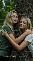 Two Smiling Young Women Embracing a Tree in Forest Harmony