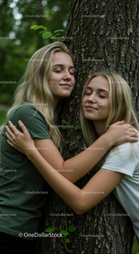 Two Smiling Young Women Embracing a Tree in Forest Harmony