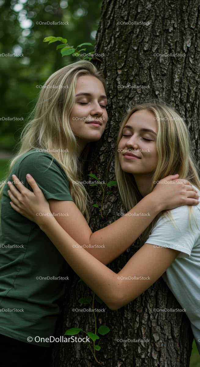 Two Smiling Young Women Embracing a Tree in Forest Harmony