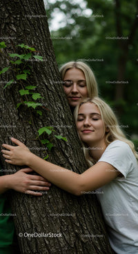 Two Women Hugging a Tree in a Peaceful Forest Setting