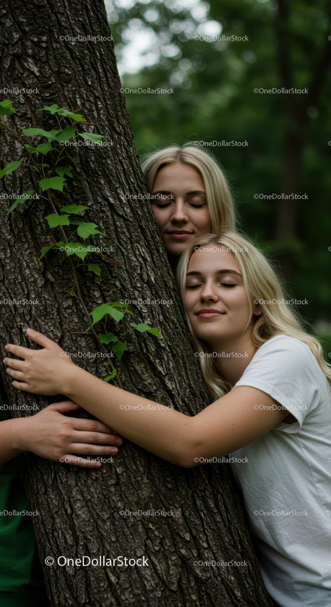 Two Women Hugging a Tree in a Peaceful Forest Setting