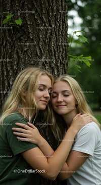 Two Sisters Embracing Under a Tree in a Serene Forest