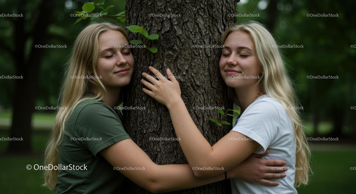 Sisters Embracing a Tree in a Forest Setting