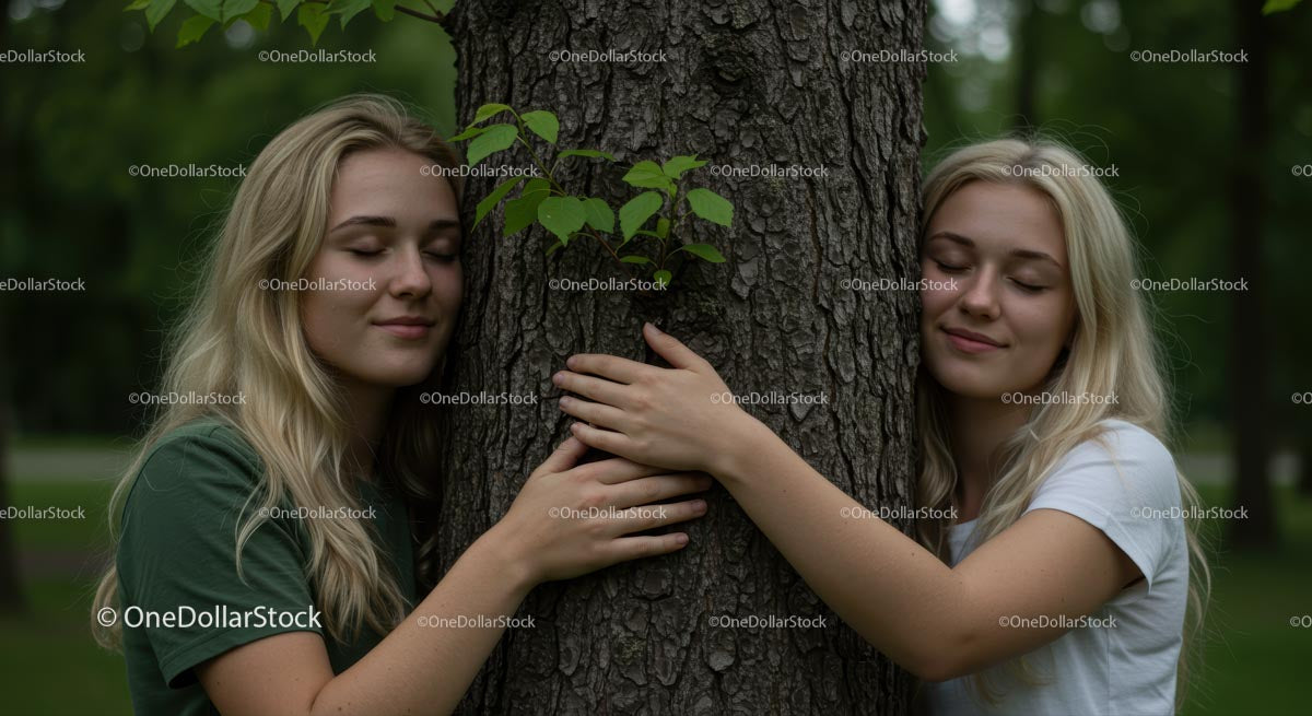 Twin Sisters Embracing a Tree in a Serene Forest