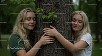 Twin Sisters Embracing a Tree in a Serene Forest