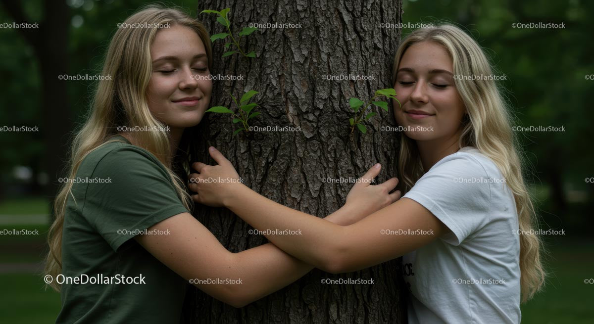 Two Women Embracing Tree in Serene Natural Setting