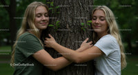 Two Women Embracing Tree in Serene Natural Setting