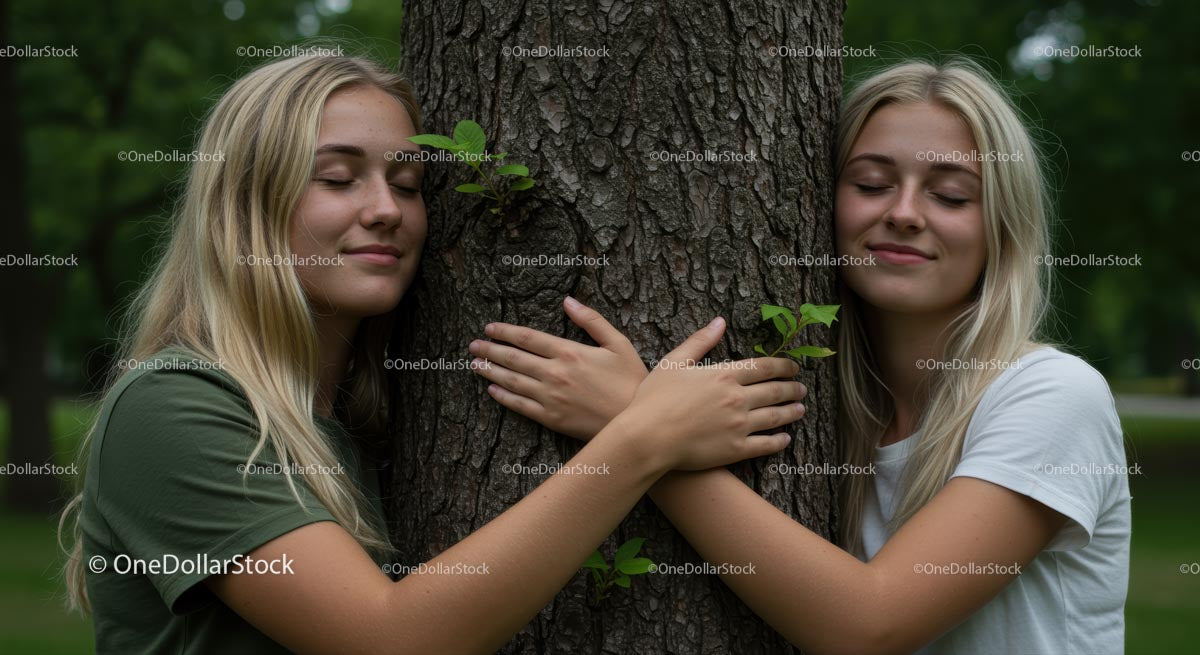 Two Young Women Embracing a Tree in the Park