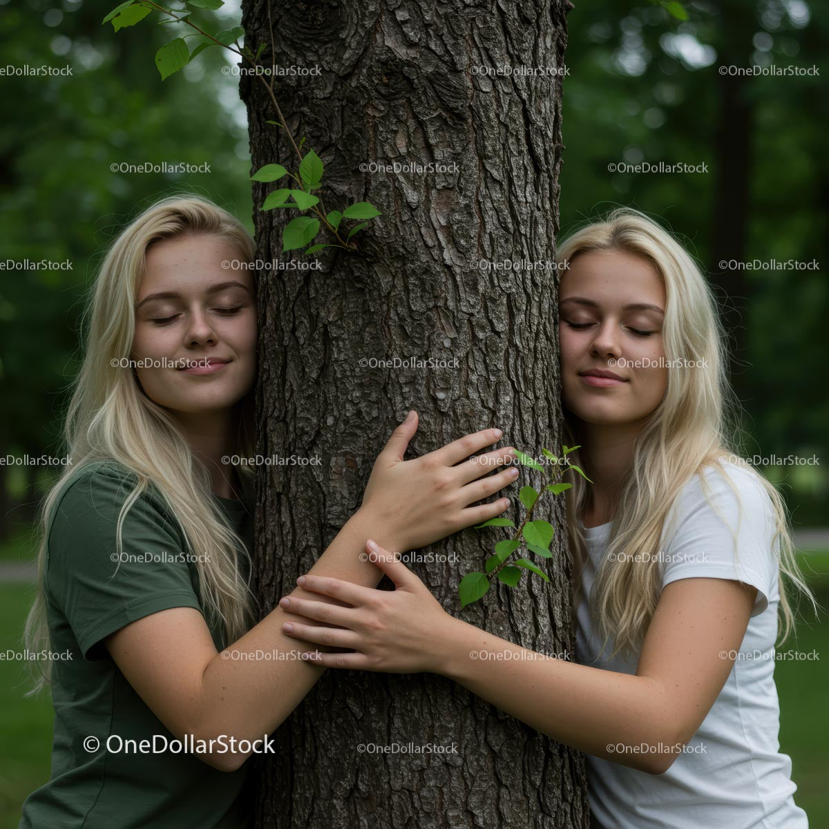 Two Young Women Embracing a Tree in Lush Green Forest
