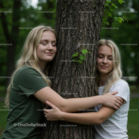 Two Women Embracing a Tree in a Green Forest