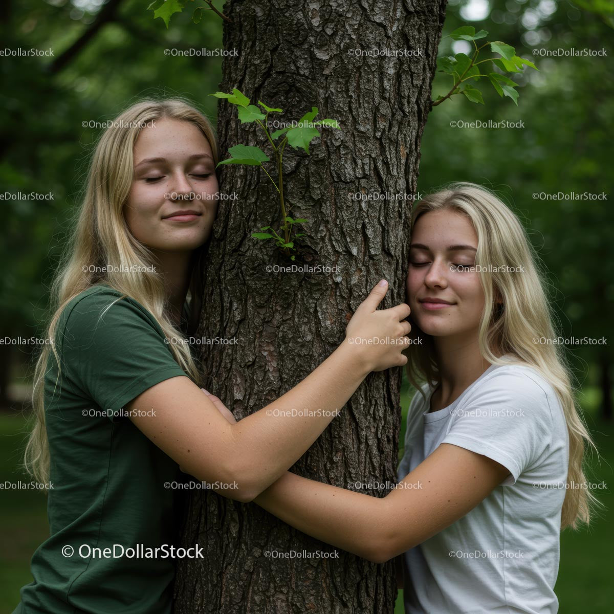 Young Women Embracing a Tree in Lush Green Forest