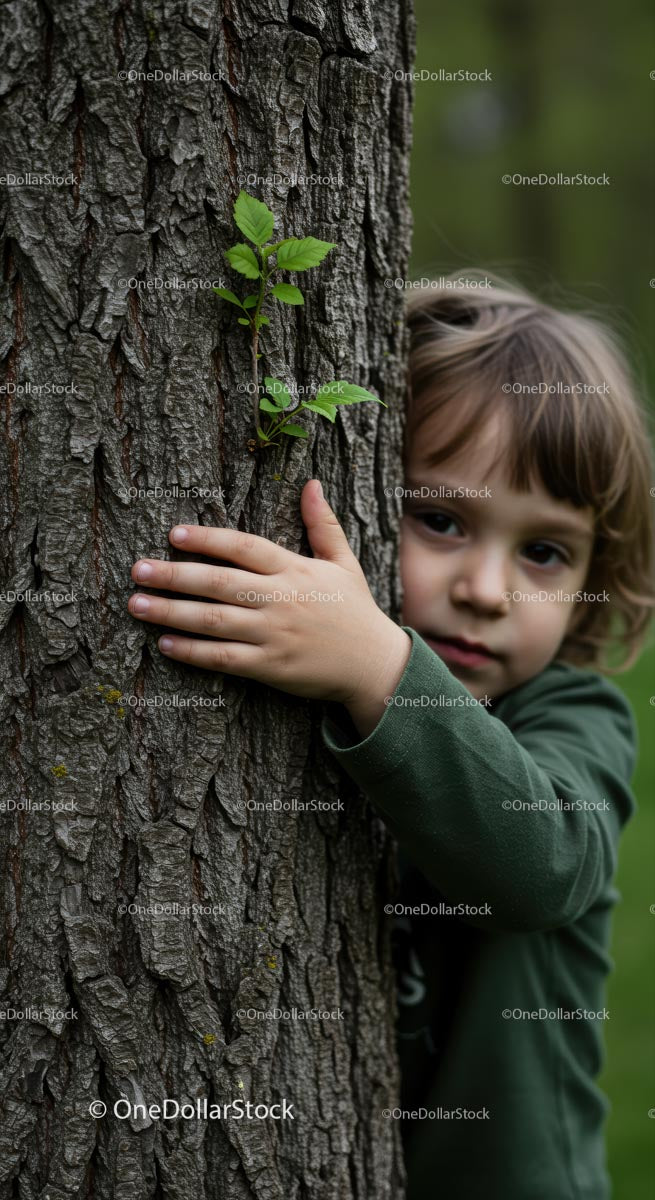 Curious Child Embracing a Tree in a Forest Adventure