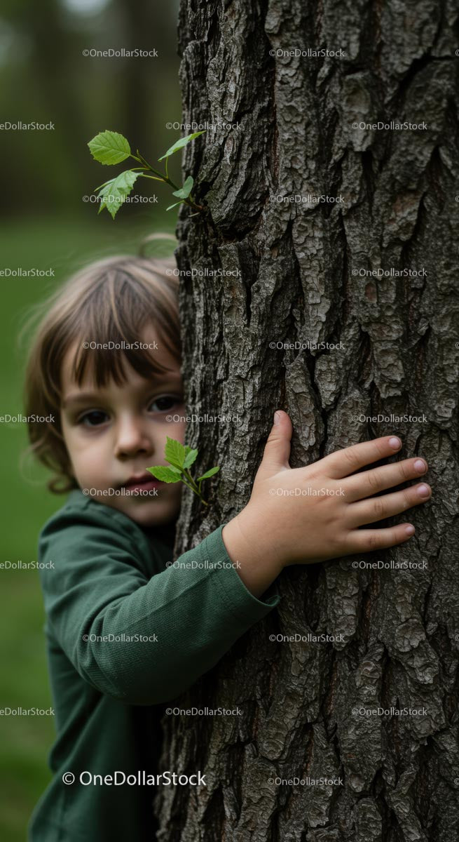 Child Embracing Tree in Green Forest Setting