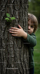 Child Embracing a Tree in a Green Forest Setting
