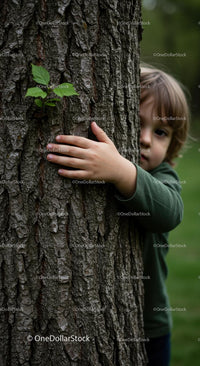 Child Embracing a Tree in a Green Forest Setting
