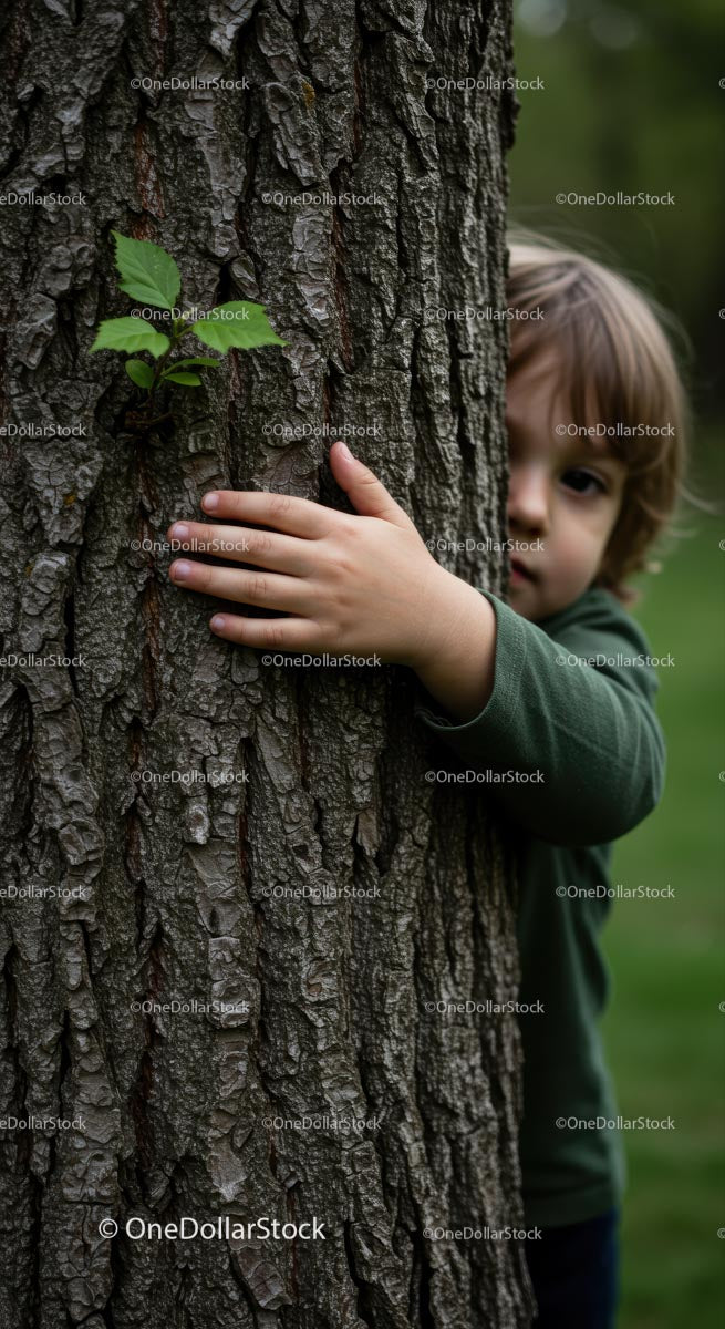 Child Embracing a Tree in a Green Forest Setting