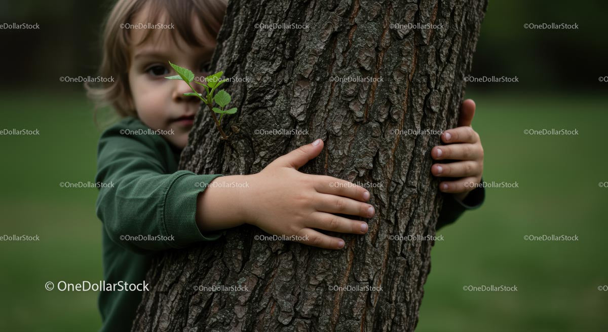 Child Embracing Tree in a Lush Green Setting