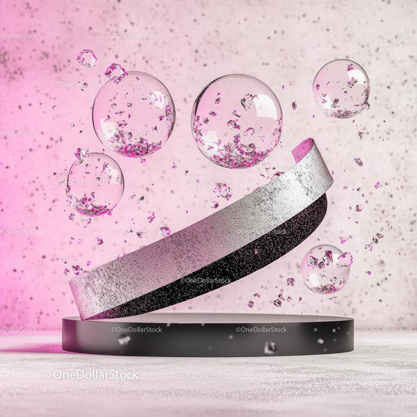 Floating Glass Bubbles with Pink Glitter on Silver Background