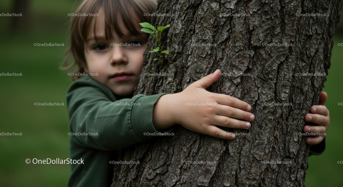 Young Boy Embracing Tree in a Forest Setting