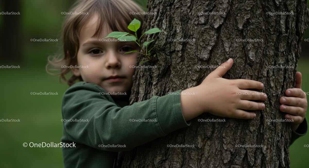 Child Embracing Nature with a Tree Hug in the Forest