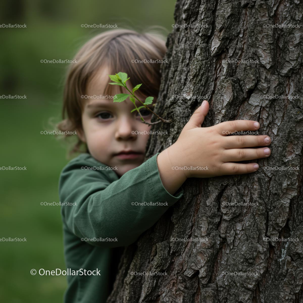 Young Child Hugging a Tree in the Forest