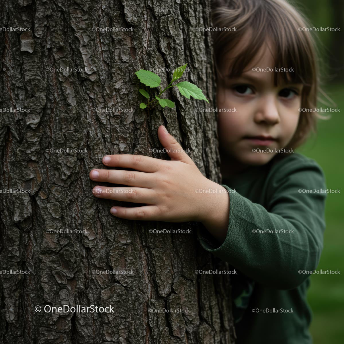 Child Embracing Tree in Lush Green Forest