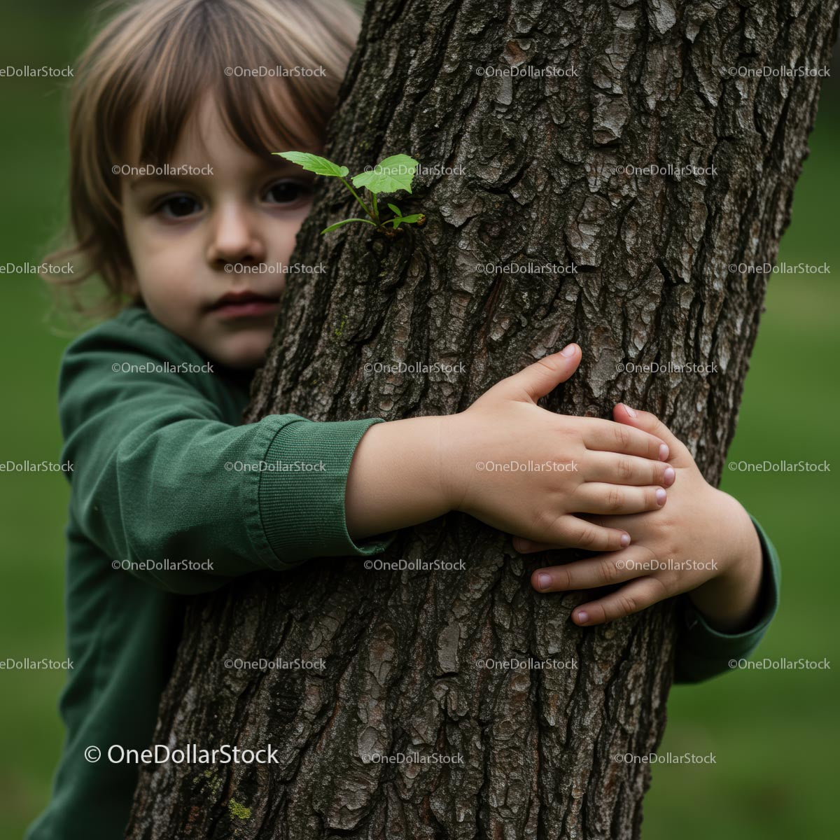 Child Embracing Tree in Nature with Green Sweater
