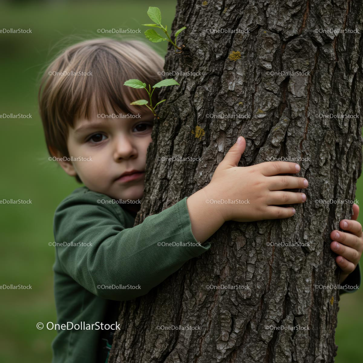 Child Embracing Tree in Green Shirt Outdoors