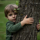 Child Embracing Tree in Green Shirt Outdoors