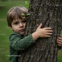 Child Embracing Tree in Green Shirt Outdoors