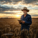 Farmer Using Tablet in Wheat Field at Sunset