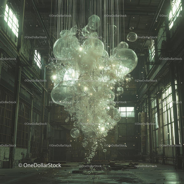 Floating Bubbles in Industrial Space Art Installation