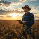 Farmer Using Tablet in Wheat Field at Sunset